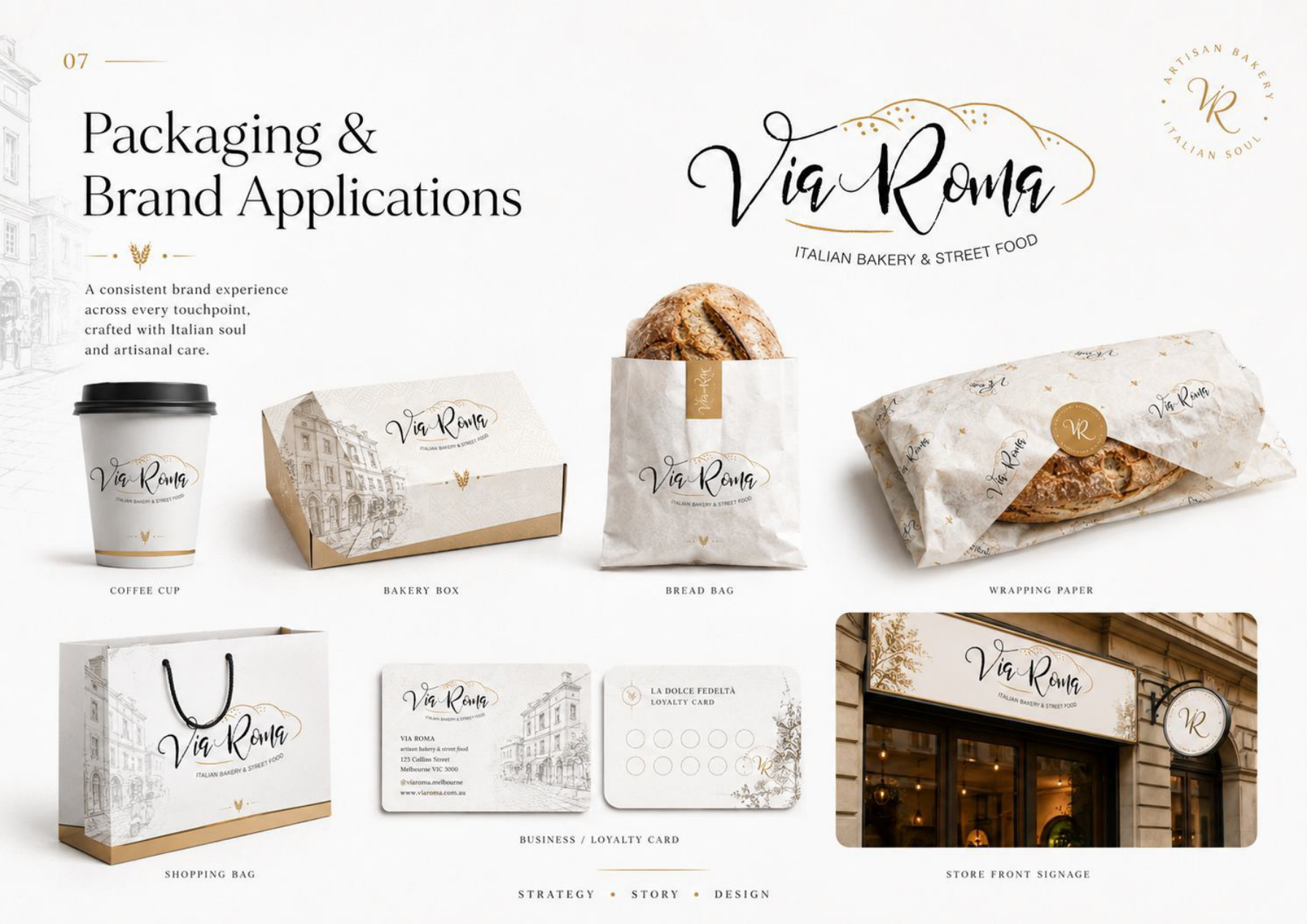 Via Roma identity across packaging and storefront signage