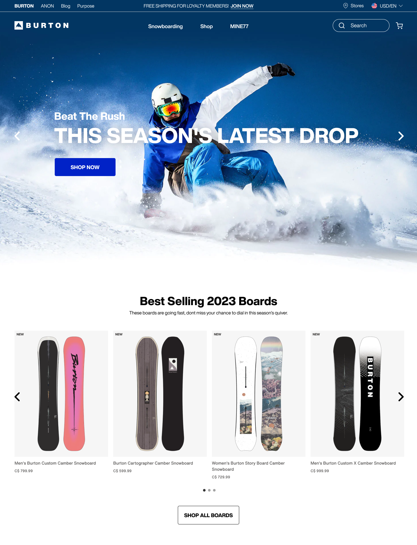 Burton Snowboards homepage website design