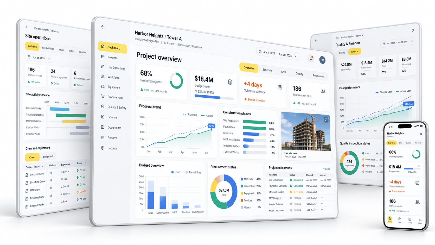 Construction ERP / CRM platform dashboards and mobile workflows