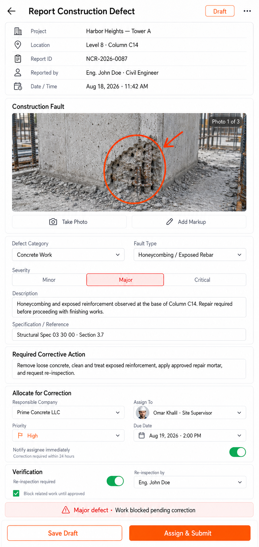 Defect follow-up — supplied construction platform screen